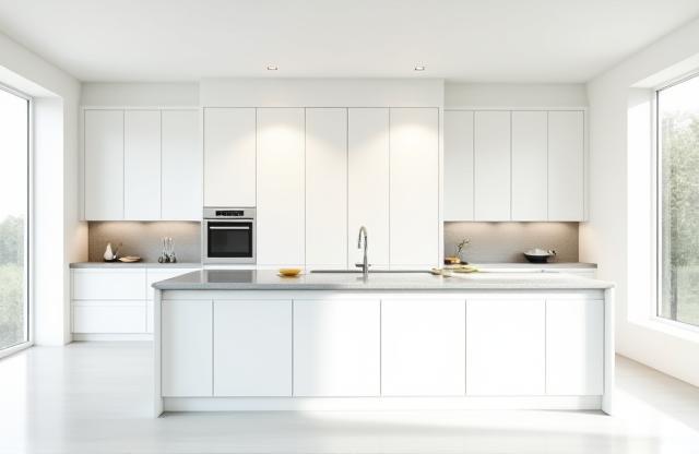 Completed modern kitchen with white cabinets and island